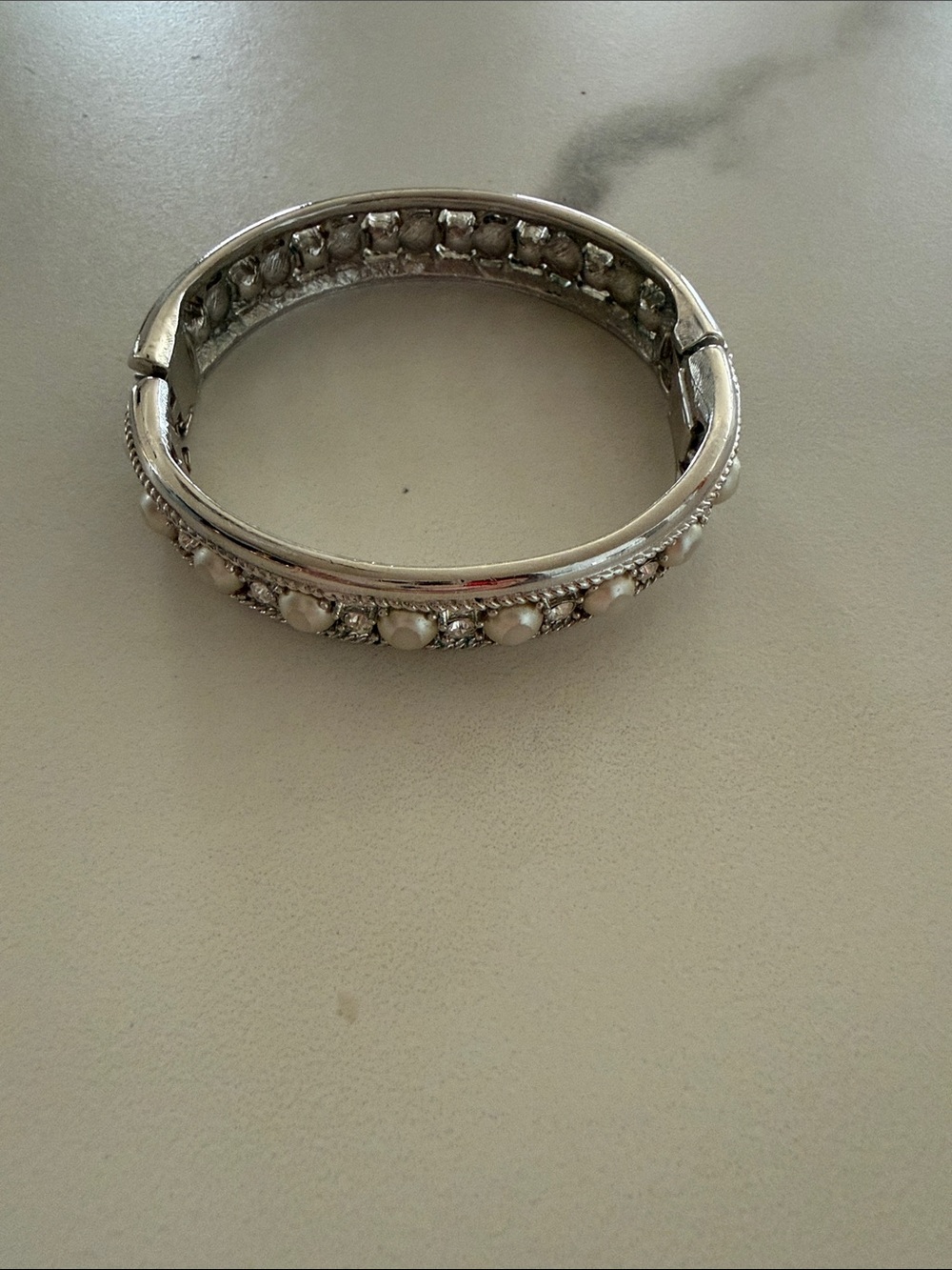 Silver Pearl Accent Hinged Bangle Bracelet - Women Jewelry